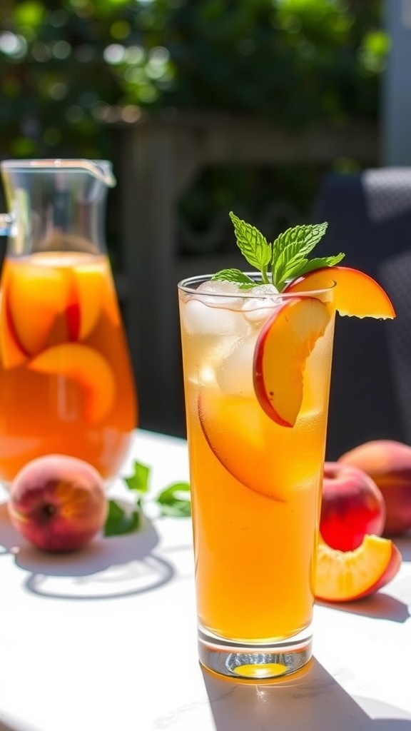 A glass of Rum and Peach Iced Tea with ice, garnished with peach slices and mint, on a sunny patio.